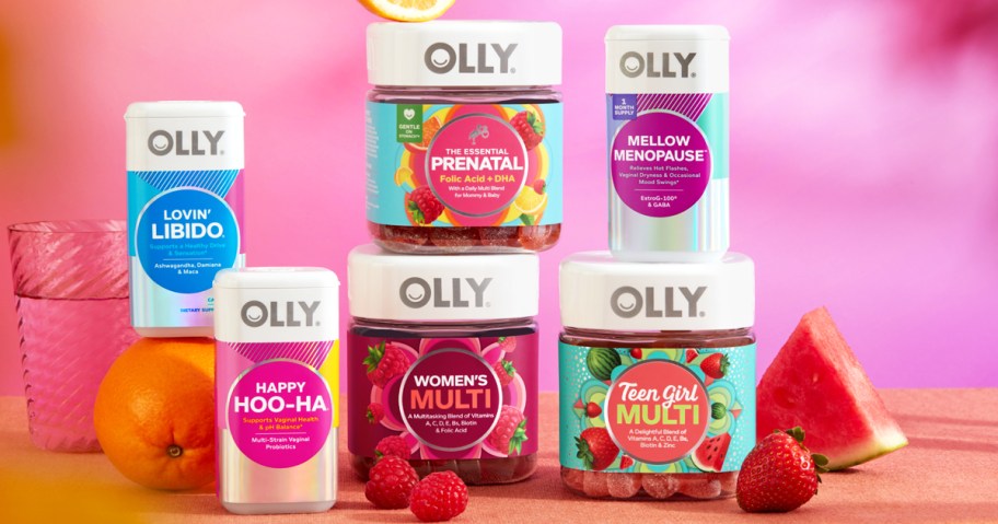 stack of various OLLY women's vitamins