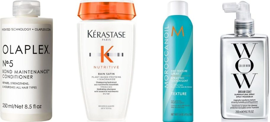 Stock images of Olaplex, Kerastase, Moroccanoil, and Color Wow Hair Care