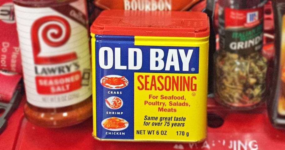 can on Old Bay Seasoning in red shopping cart with other seasonings