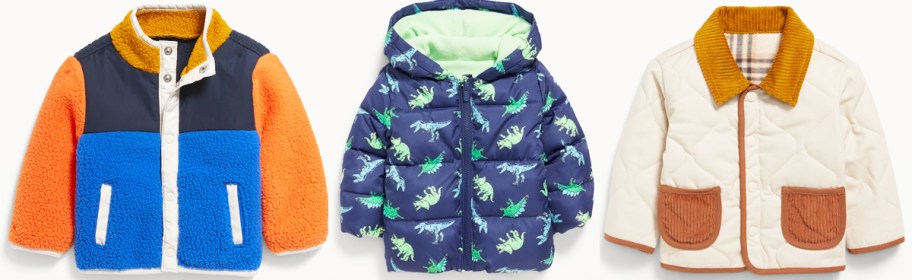 three colorful fleece and puffer jackets