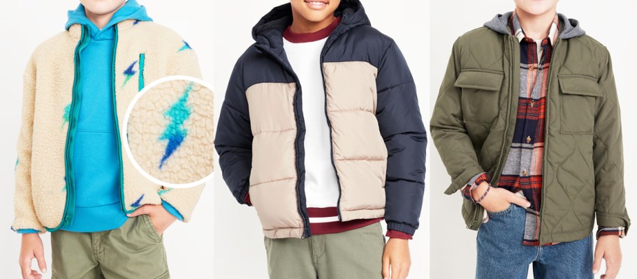 three boys modeling jackets