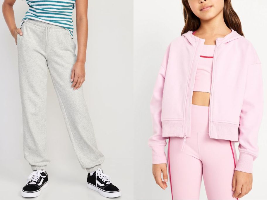 Stock image of girls wearing old navy sweatpants and a sweatshirt