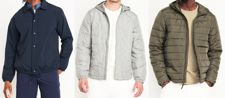 three men modeling jackets