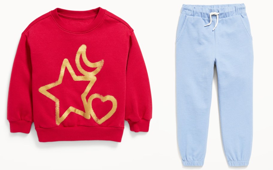 red sweatshirt and light blue joggers