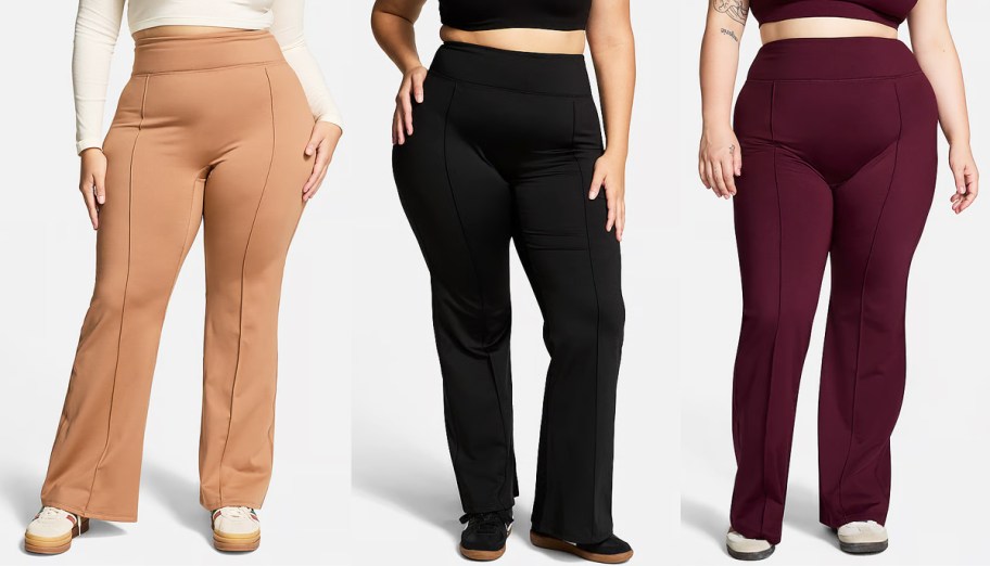 three women modeling flare leggings in various colors