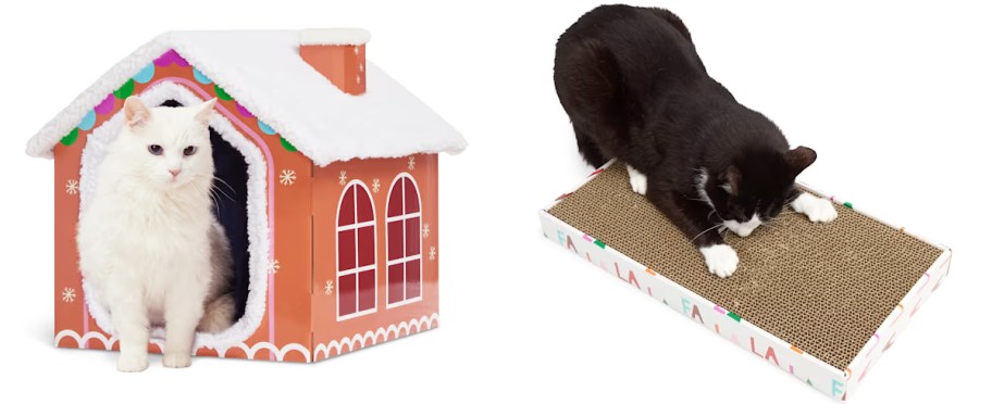 gingerbread cat house and cat using a cardboard scratcher