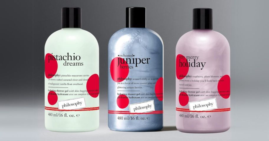 Philosophy Shampoo, Shower Gel, & Bubble Bath 16oz Bottles on table