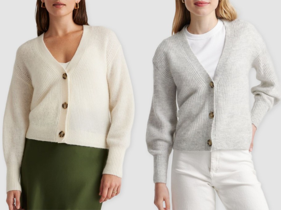 Stock image of two women wearing a Quince Cardigan Sweater