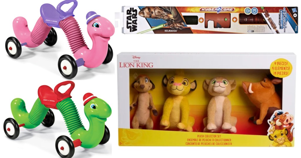 Radio flyer inchworm, Star Wars, Lightsaber, and lion King plush set