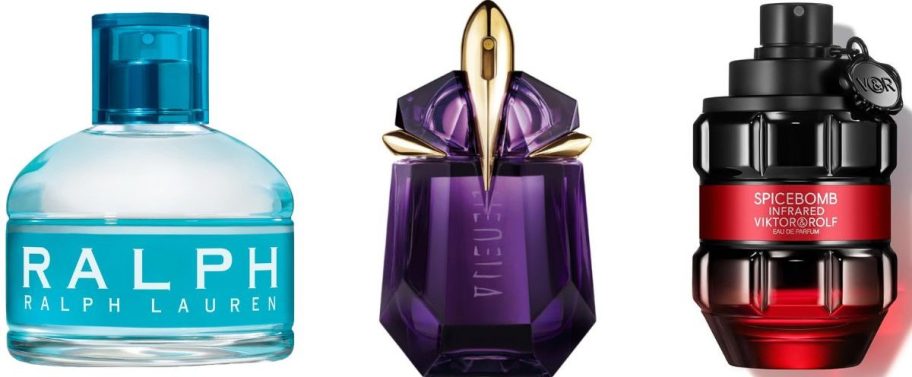 Stock images of Ralp Lauren, Mugler Alien and Victor & Rolf Spice Bomb fragrances
