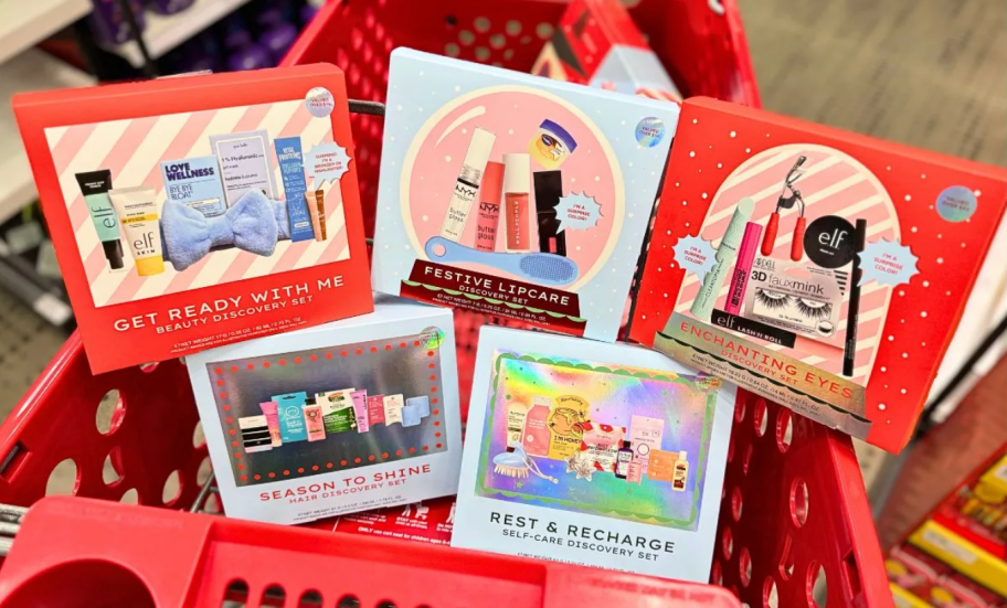 assorted beauty gift sets in a target shopping cart