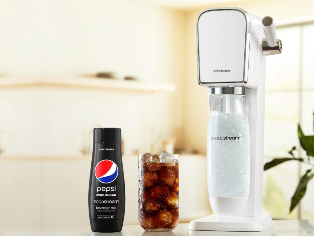 white sodastream with pepsi container on counter