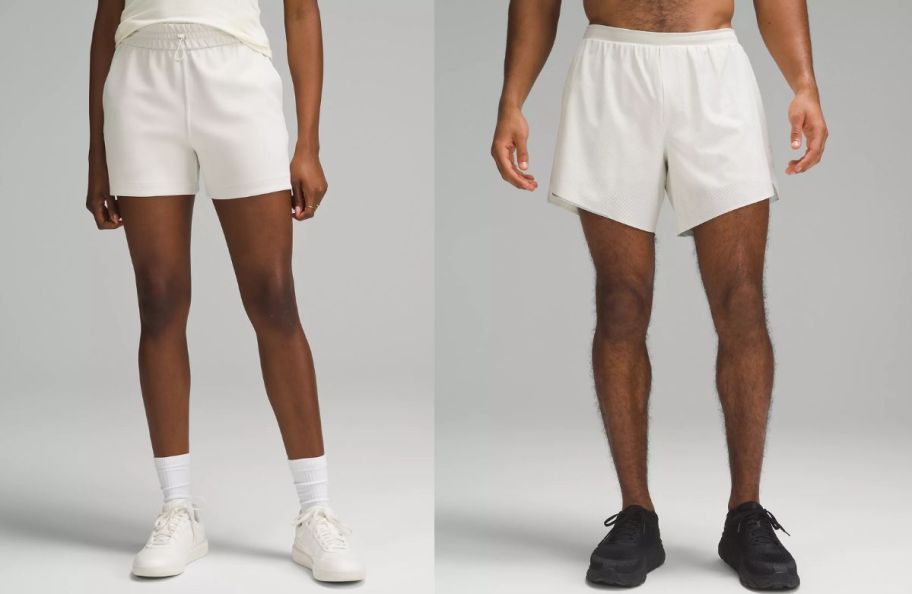 two models in white running shorts
