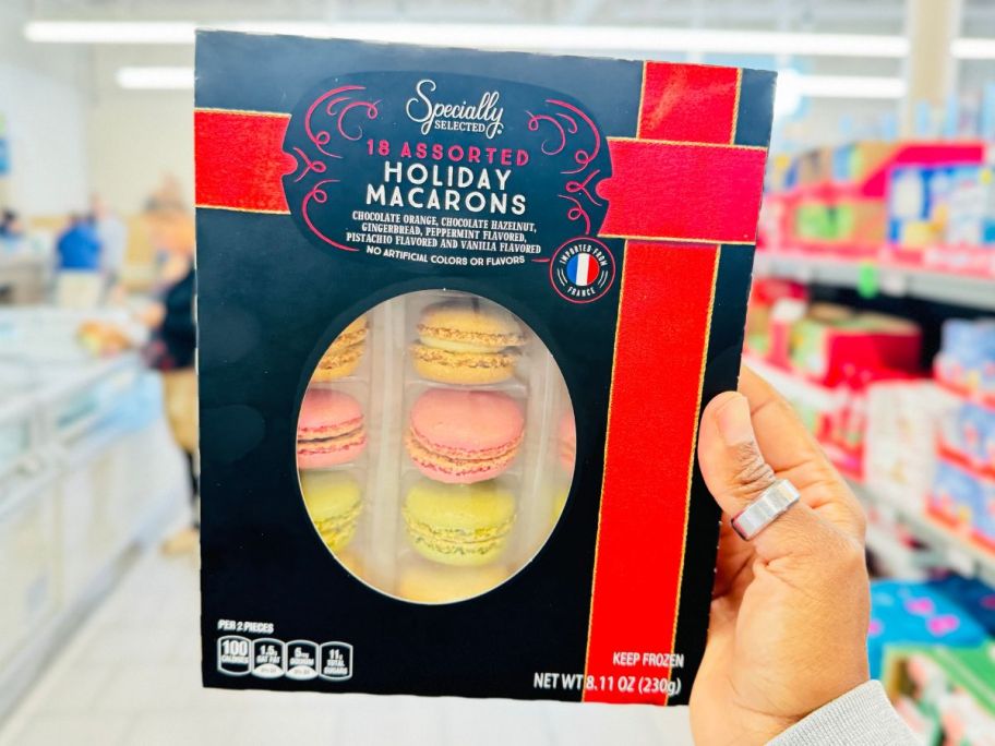 A box of Specially Selected Holiday Macarons