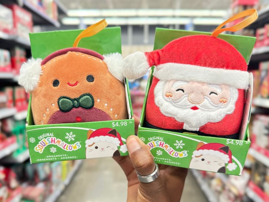 squishmallows ornaments in hand in store