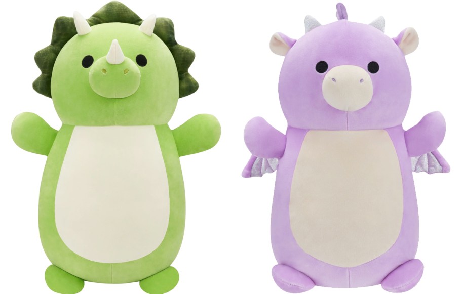 Squishmallows triceratops and purple dragon plush