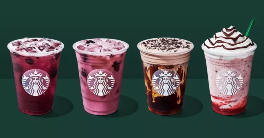 Four cold Starbucks drinks including Blackberry Sage Refreshers, Chocolate Hazelnut Cookie Cream Cold Brew and Chocolate Covered Strawberry Frappuccino