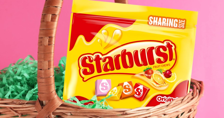 yellow and red bag of starburst candy in an easter basket