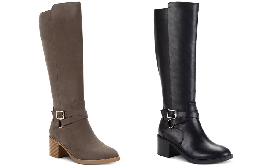 tall brown and black heeled boots