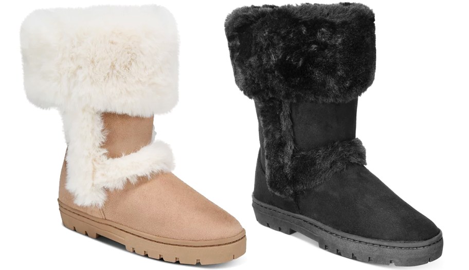 tan and black fuzzy boots