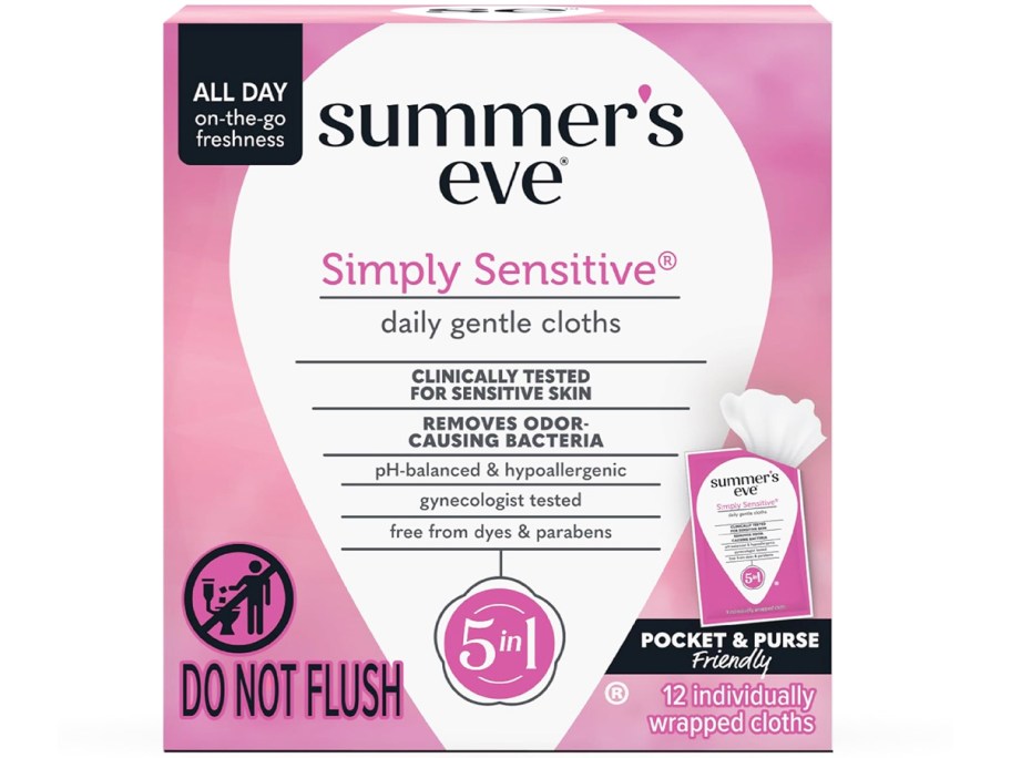 pink and white box of Summer's Eve Cleansing Cloths in Simply Sensitive