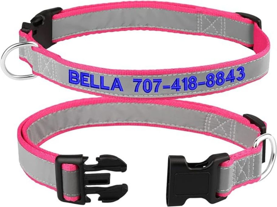 2 gray and pink dog collars