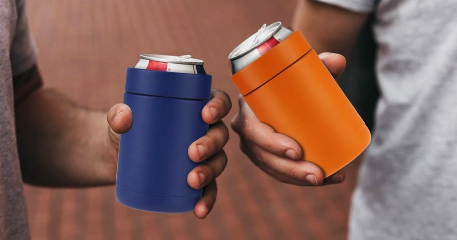 two men holding drinks in insulated holders