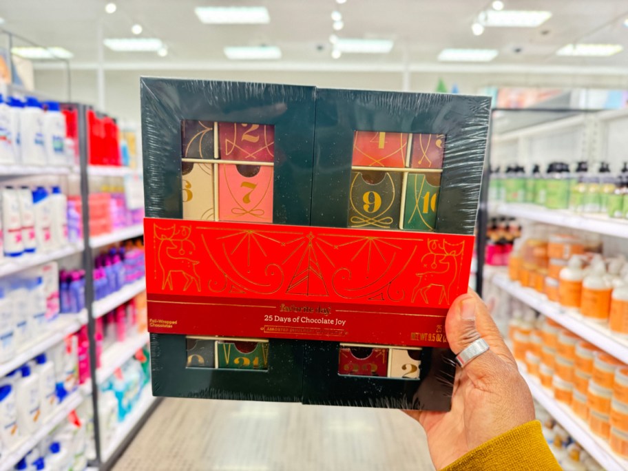 hand holding up a chocolate Advent calendar from Target