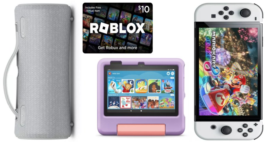 portable speaker, gift card, kid's tablet and portable game player