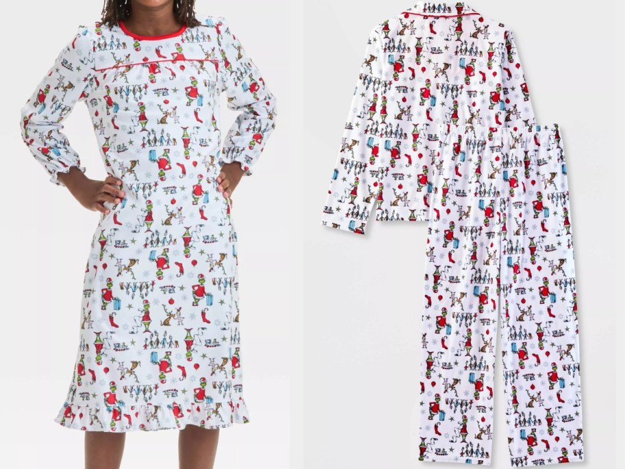 the grinch girls nightgown and 2-piece pajama set