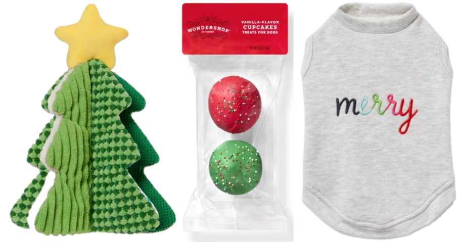 Christmas tree pet toy, pet cupcake chew toys and pet shirt