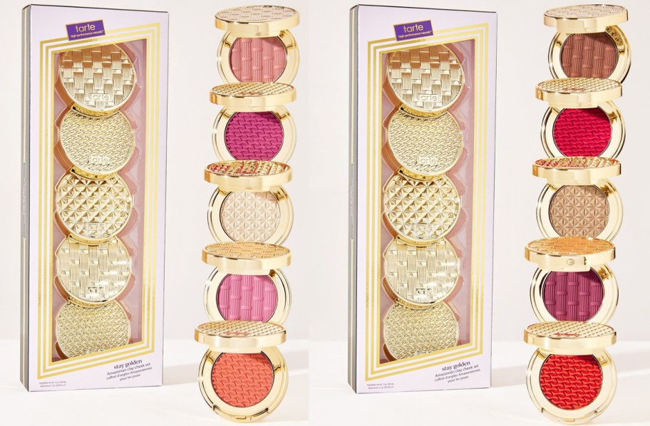 two sets of mini tarte blushes in gold packaging