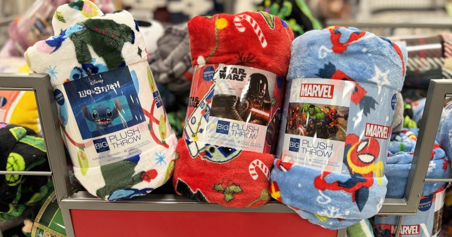 stitch, star wars, and spider-man christmas throw blankets