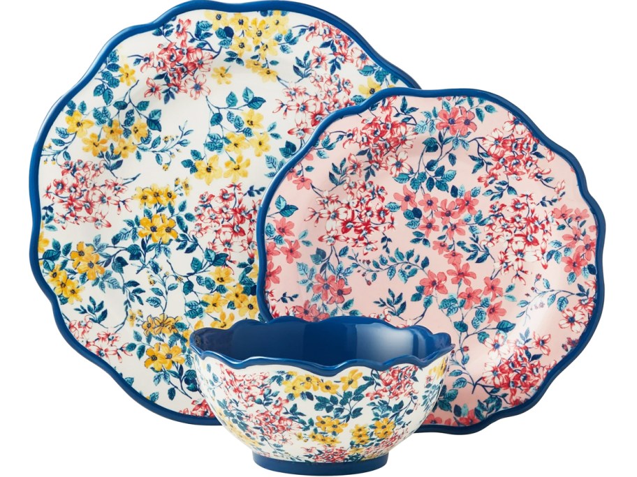 floral print plates and bowl with wavy edges