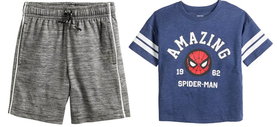 grey shorts and spiderman shirt