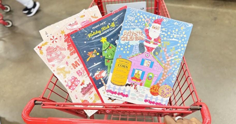 chocolate advent calendars in red shopping cart