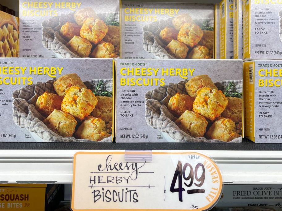 Trader Joe's Cheesy Herby Biscuits boxes on shelf in store