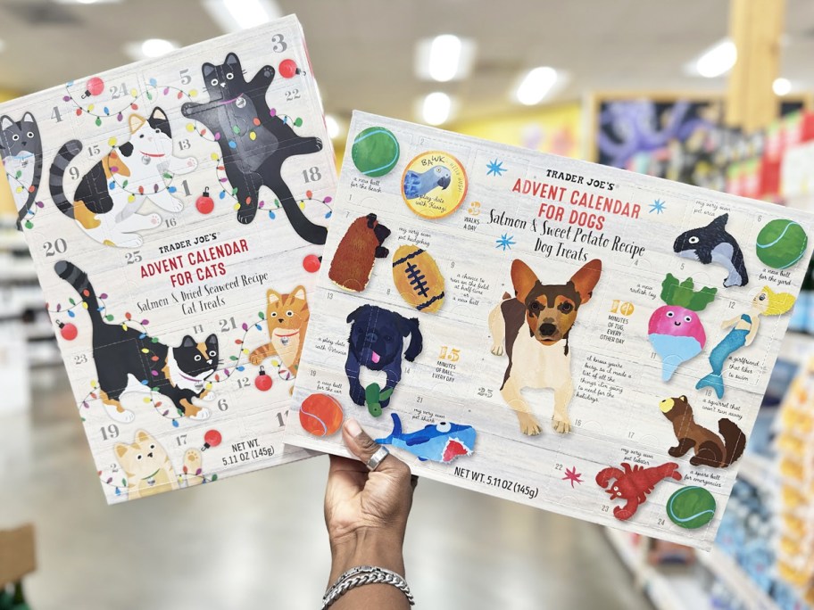 hand holding up cat and dog treat advent calendars in store