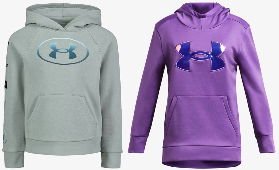 sage green and purple under armour hoodies