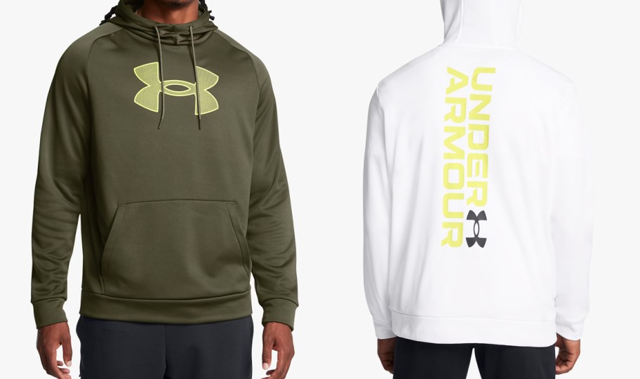 two men in green and white under armour hoodies