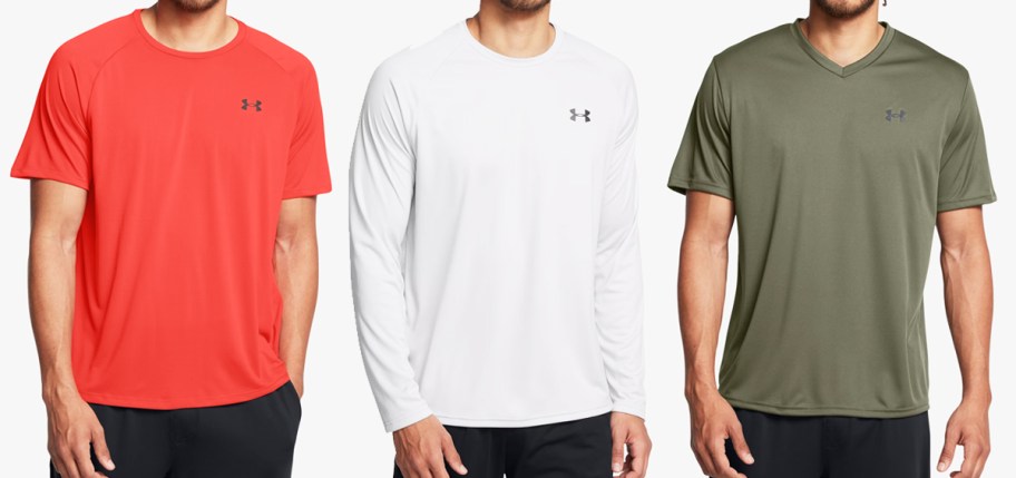 three men modeling under armour shirts