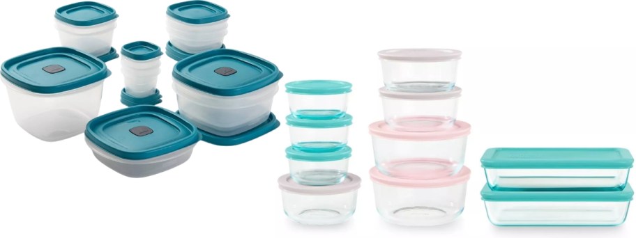 a set of Rubbermaid easy find lids clear food storage containers with teal lids and a set of glass Pyrex containers with pastel lids