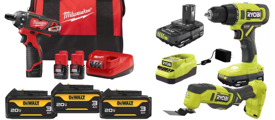 a red and black Milwaukee drill, batteries, charger, and bag, 3 black and yellow DeWalt 20V batteries, and a yellow and black Ryobi drill, cutting tool, battery and charger