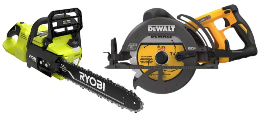 a yellow and black Ryobi chainsaw and a yellow and black DeWalt power saw