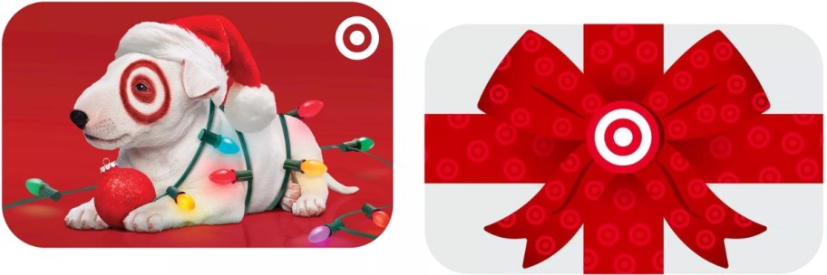 two target holiday Gift Cards, one with the Bullseye dog rapped in Christmas lights and the other white with a red bow