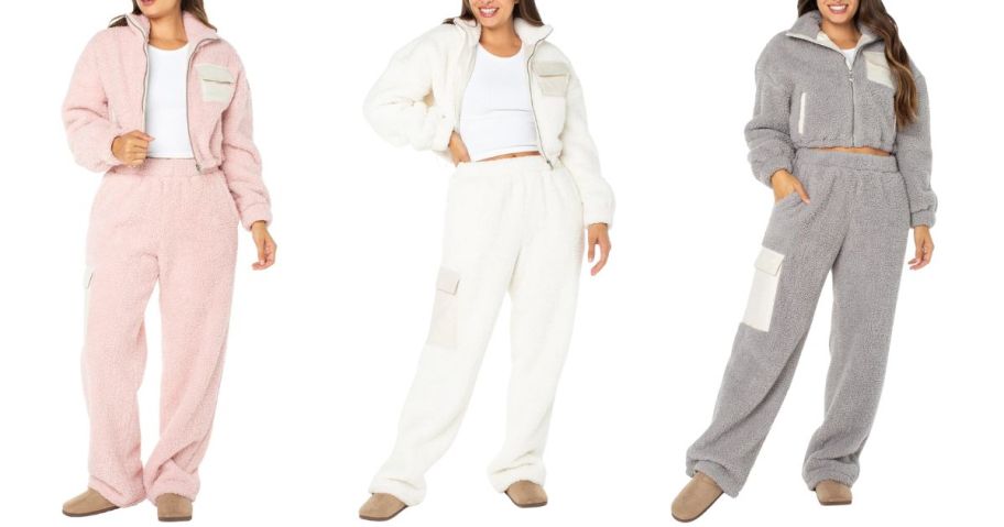 Celebrity Pink Women's Teddy Fleece Jacket & Wide Leg Pants Set