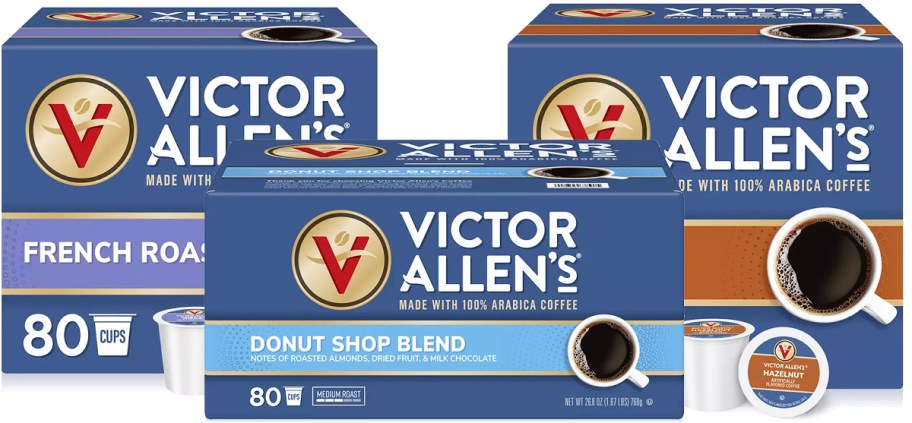 three large blue boxes of Victor Allen's K-Cups