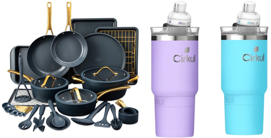 navy cookware set and purple and blue Cirkul water bottles