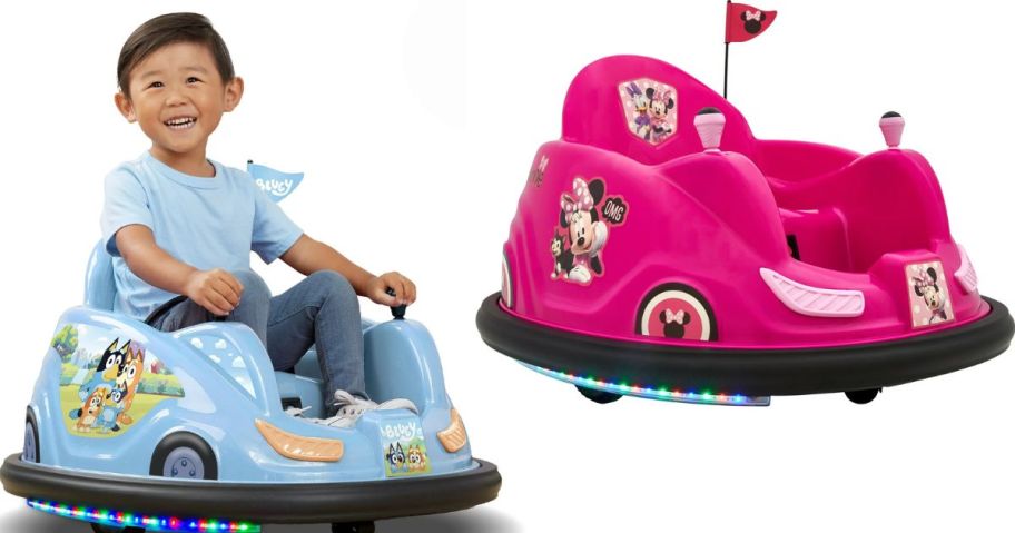 Stock images of a Bluey and a Minie Mouse Flybar 6V Bumper Car