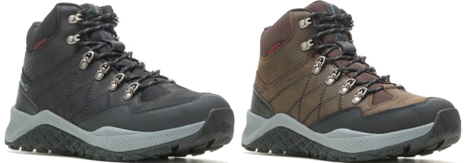 black and brown hiking boots